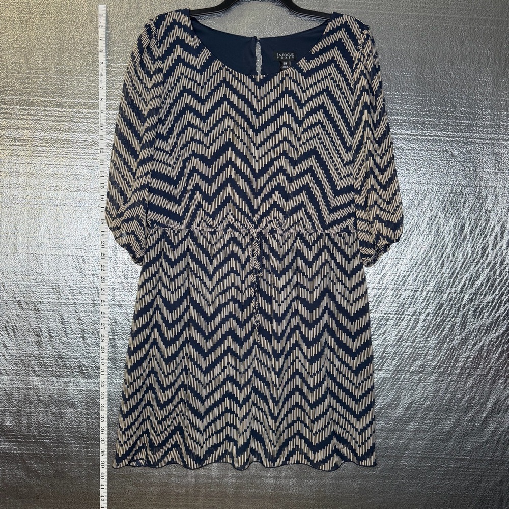 Enfocus Studio Navy and Cream Long/Peekaboo Sleeve Midi Dress